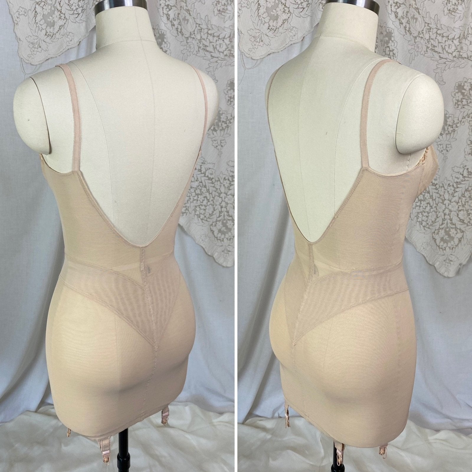 Vintage 1960's All in One Girdle | Warm Nude Power Mesh with Lace Ruffles & Bullet Cups | Size 34 C, 36 B | Warners| - Daggers & Dames