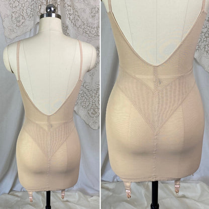 Vintage 1960's All in One Girdle | Warm Nude Power Mesh with Lace Ruffles & Bullet Cups | Size 34 C, 36 B | Warners| - Daggers & Dames