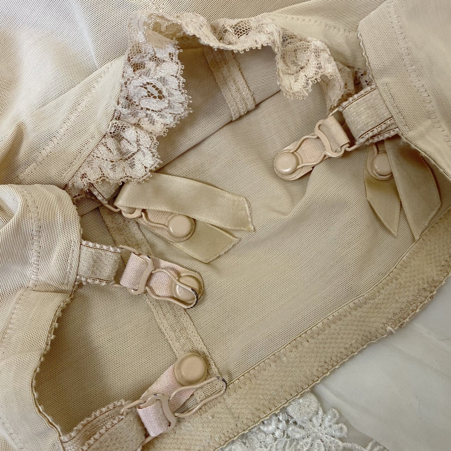 Vintage 1960's All in One Girdle | Warm Nude Power Mesh with Lace Ruffles & Bullet Cups | Size 34 C, 36 B | Warners| - Daggers & Dames