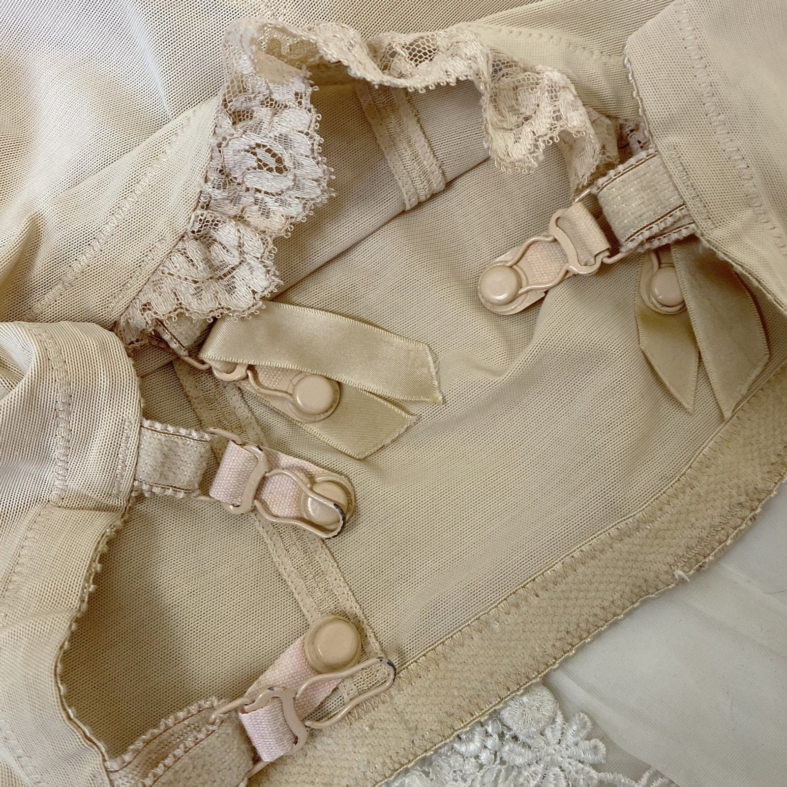 Vintage 1960's All in One Girdle | Warm Nude Power Mesh with Lace Ruffles & Bullet Cups | Size 34 C, 36 B | Warners| - Daggers & Dames