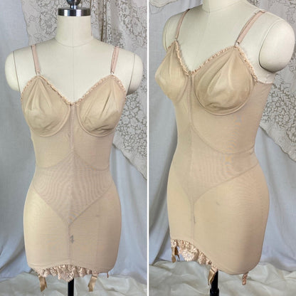 Vintage 1960's All in One Girdle | Warm Nude Power Mesh with Lace Ruffles & Bullet Cups | Size 34 C, 36 B | Warners| - Daggers & Dames