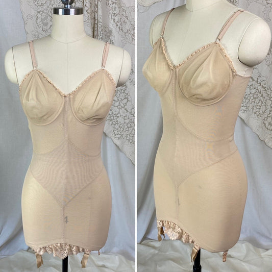 Vintage 1960's All in One Girdle | Warm Nude Power Mesh with Lace Ruffles & Bullet Cups | Size 34 C, 36 B | Warners| - Daggers & Dames