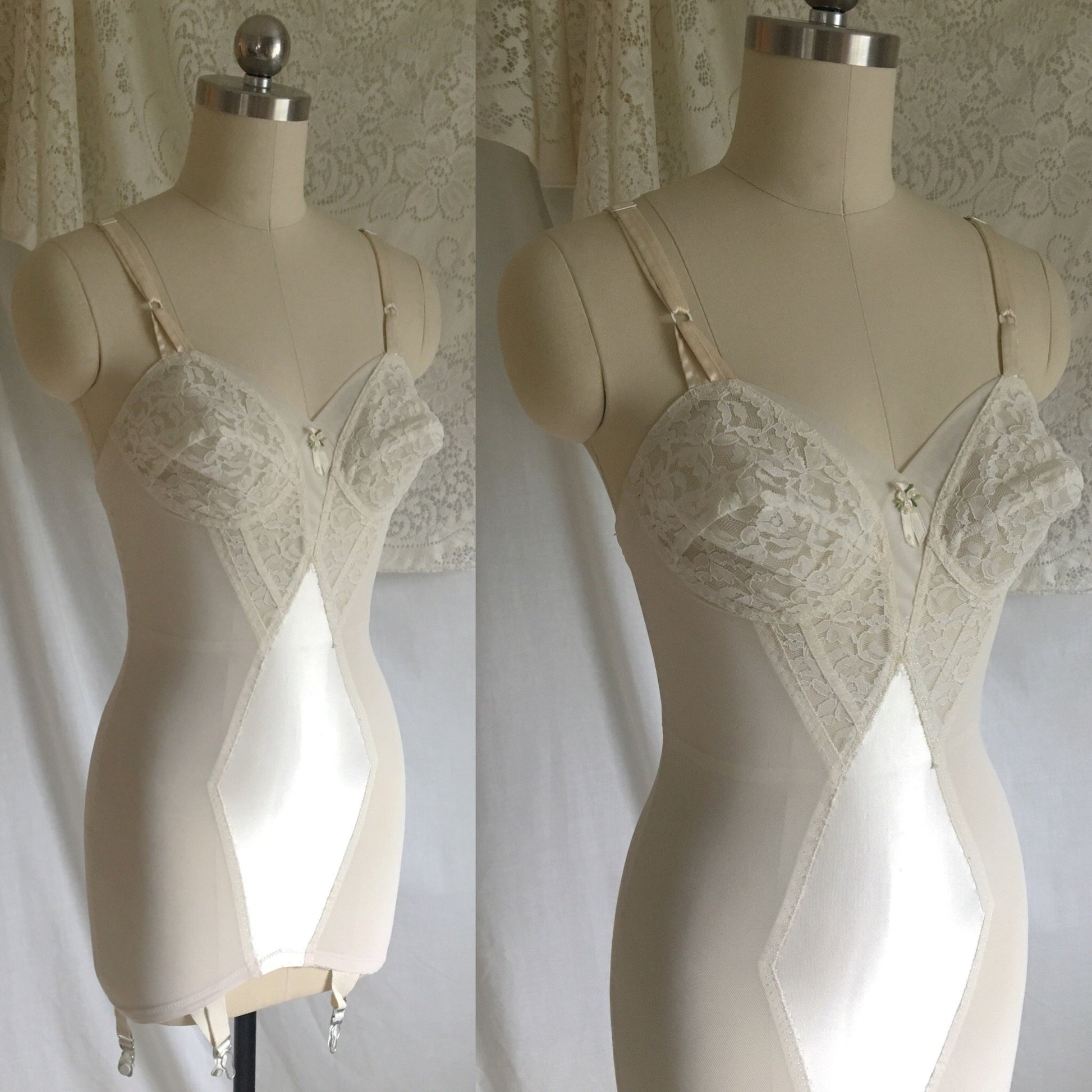 Vintage 1960's All in One Girdle | White Acetate Satin with Lace | Bien Jolie, Sheer Joy | Size XS, S, M - Daggers & Dames