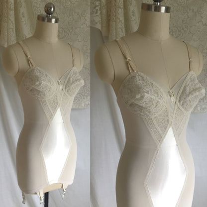 Vintage 1960's All in One Girdle | White Acetate Satin with Lace | Bien Jolie, Sheer Joy | Size XS, S, M - Daggers & Dames