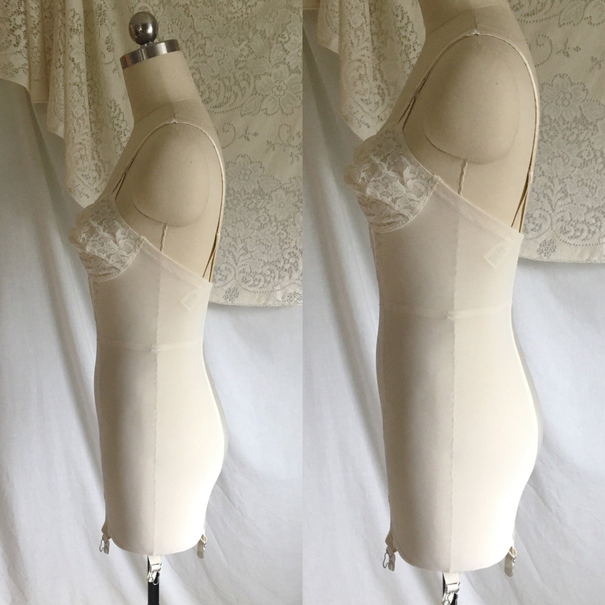 Vintage 1960's All in One Girdle | White Acetate Satin with Lace | Bien Jolie, Sheer Joy | Size XS, S, M - Daggers & Dames