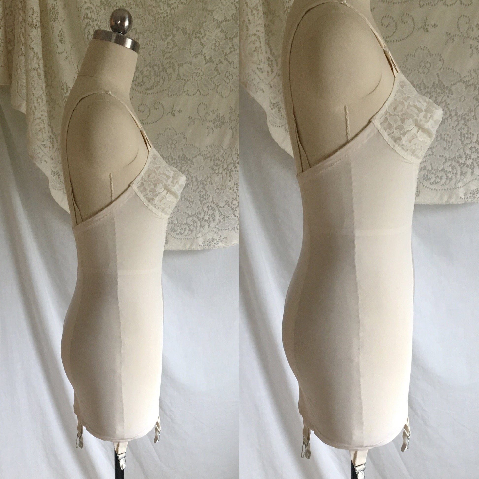 Vintage 1960's All in One Girdle | White Acetate Satin with Lace | Bien Jolie, Sheer Joy | Size XS, S, M - Daggers & Dames