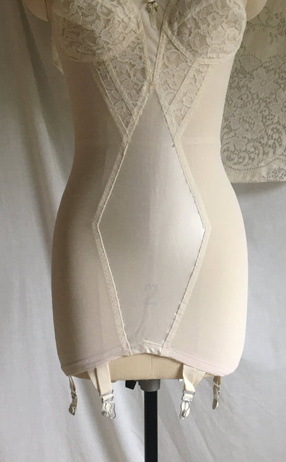 Vintage 1960's All in One Girdle | White Acetate Satin with Lace | Bien Jolie, Sheer Joy | Size XS, S, M - Daggers & Dames