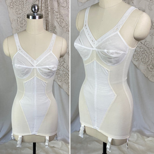 Vintage 1960's All in One Girdle | White Mesh with Crystal Pleated Chiffon Inlay & Bullet Cups | Size 34 B, 32 C, 36 A| Warner's - Daggers & Dames