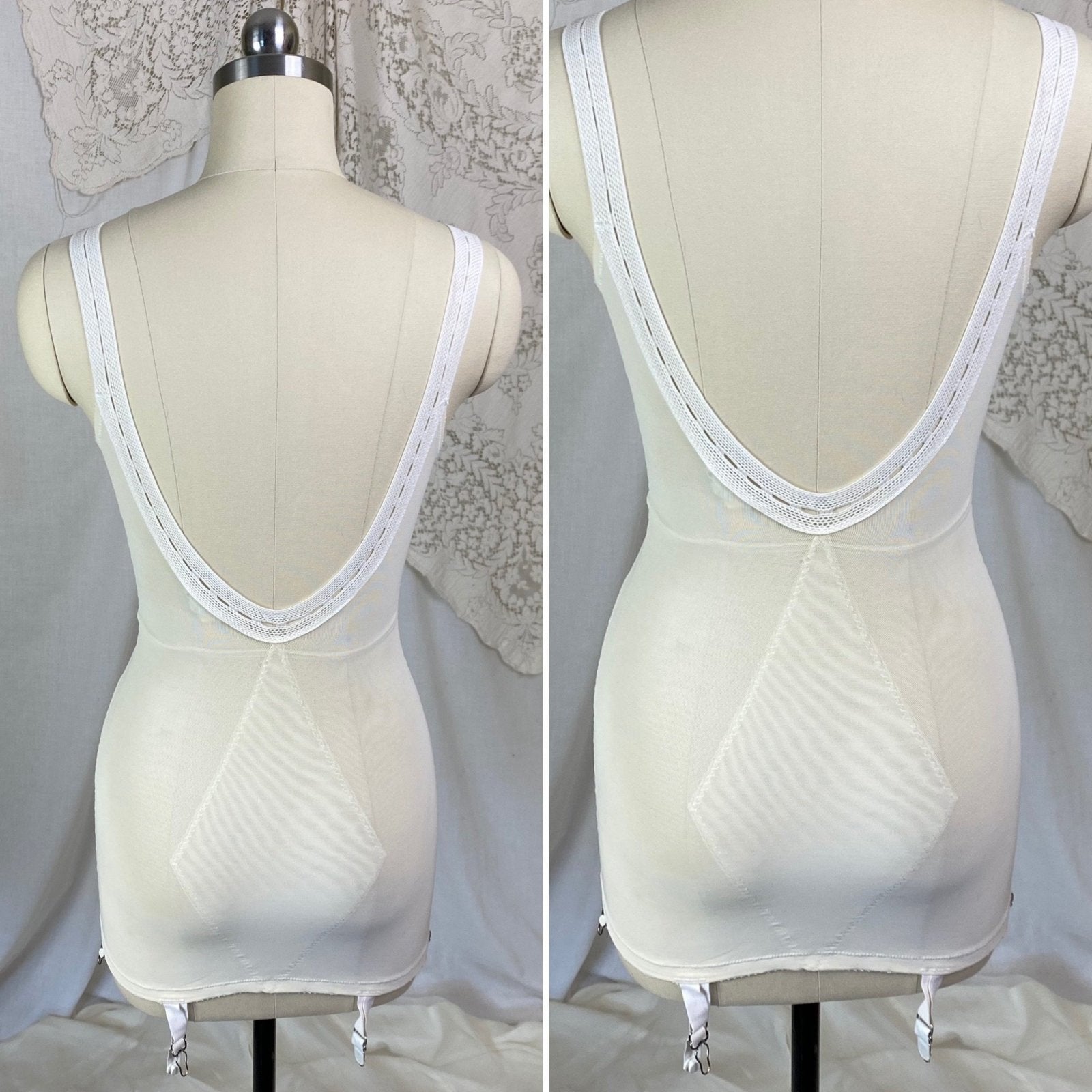 Vintage 1960's All in One Girdle | White Mesh with Crystal Pleated Chiffon Inlay & Bullet Cups | Size 34 B, 32 C, 36 A| Warner's - Daggers & Dames