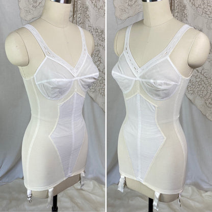 Vintage 1960's All in One Girdle | White Mesh with Crystal Pleated Chiffon Inlay & Bullet Cups | Size 34 B, 32 C, 36 A| Warner's - Daggers & Dames
