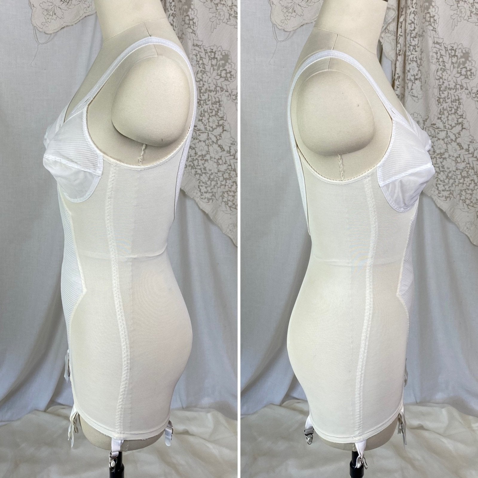Vintage 1960's All in One Girdle | White Mesh with Crystal Pleated Chiffon Inlay & Bullet Cups | Size 34 B, 32 C, 36 A| Warner's - Daggers & Dames