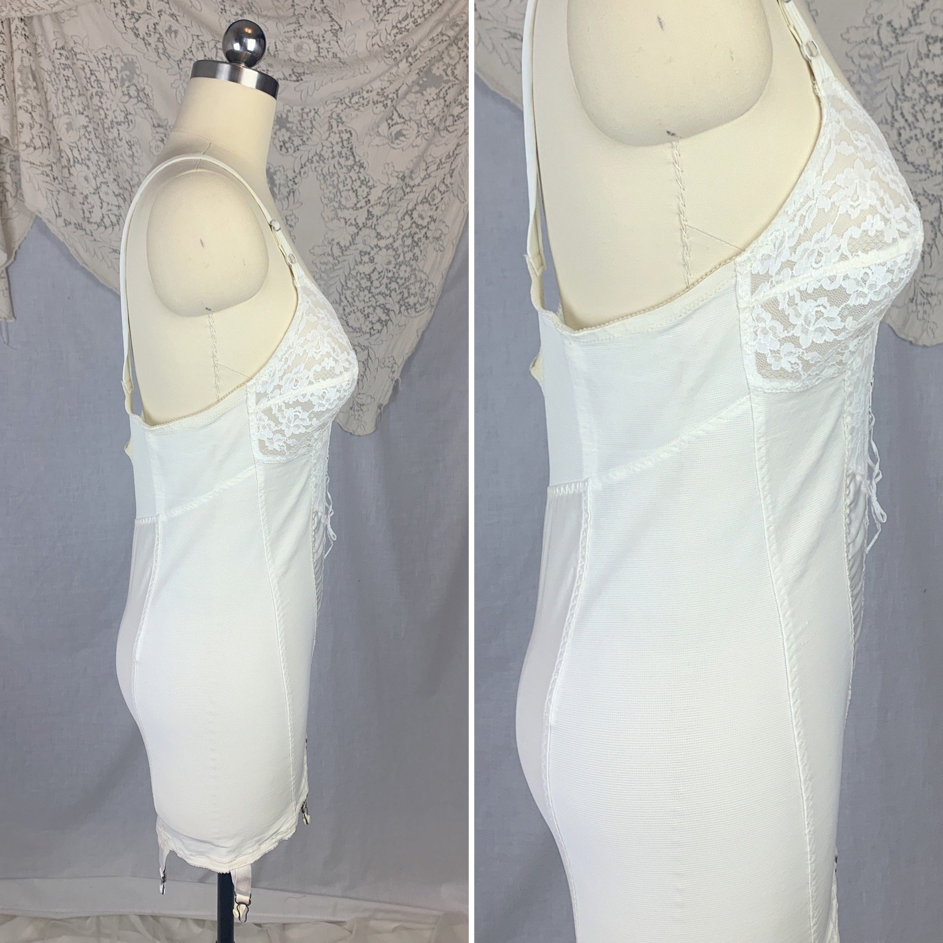 Vintage 1960's All in One Girdle | White Nylon Satin & Lace with Spandex Panels | Size 38 B, LG XL | Smoothie Controleur - Daggers & Dames