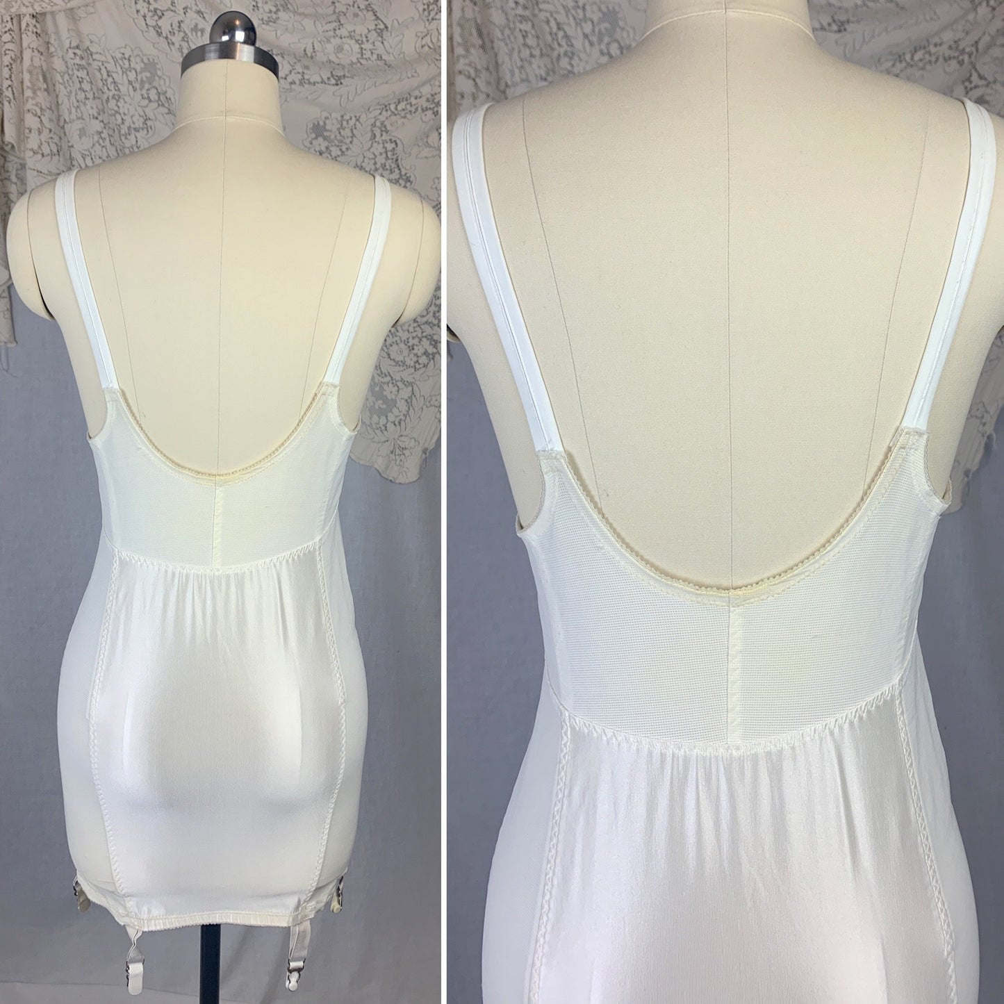 Vintage 1960's All in One Girdle | White Nylon Satin & Lace with Spandex Panels | Size 38 B, LG XL | Smoothie Controleur - Daggers & Dames