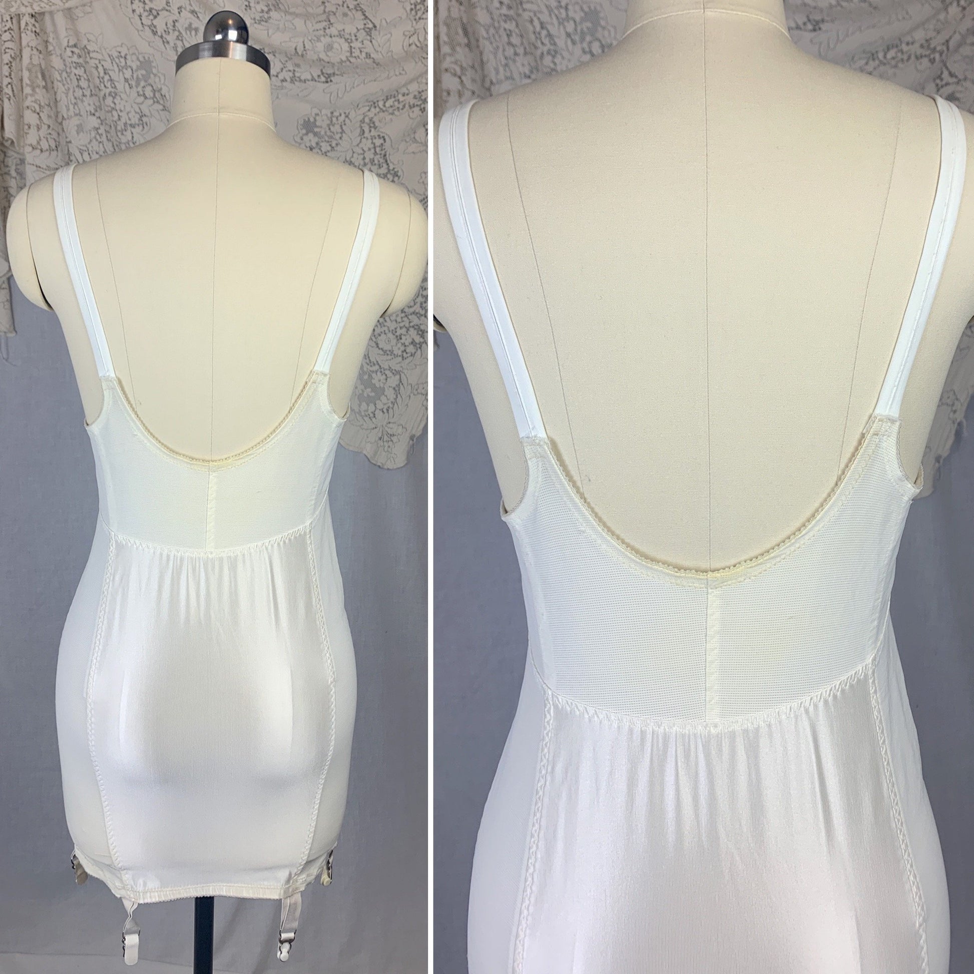 Vintage 1960's All in One Girdle | White Nylon Satin & Lace with Spandex Panels | Size 38 B, LG XL | Smoothie Controleur - Daggers & Dames