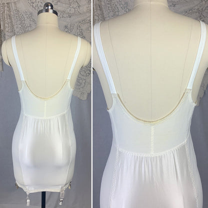 Vintage 1960's All in One Girdle | White Nylon Satin & Lace with Spandex Panels | Size 38 B, LG XL | Smoothie Controleur - Daggers & Dames