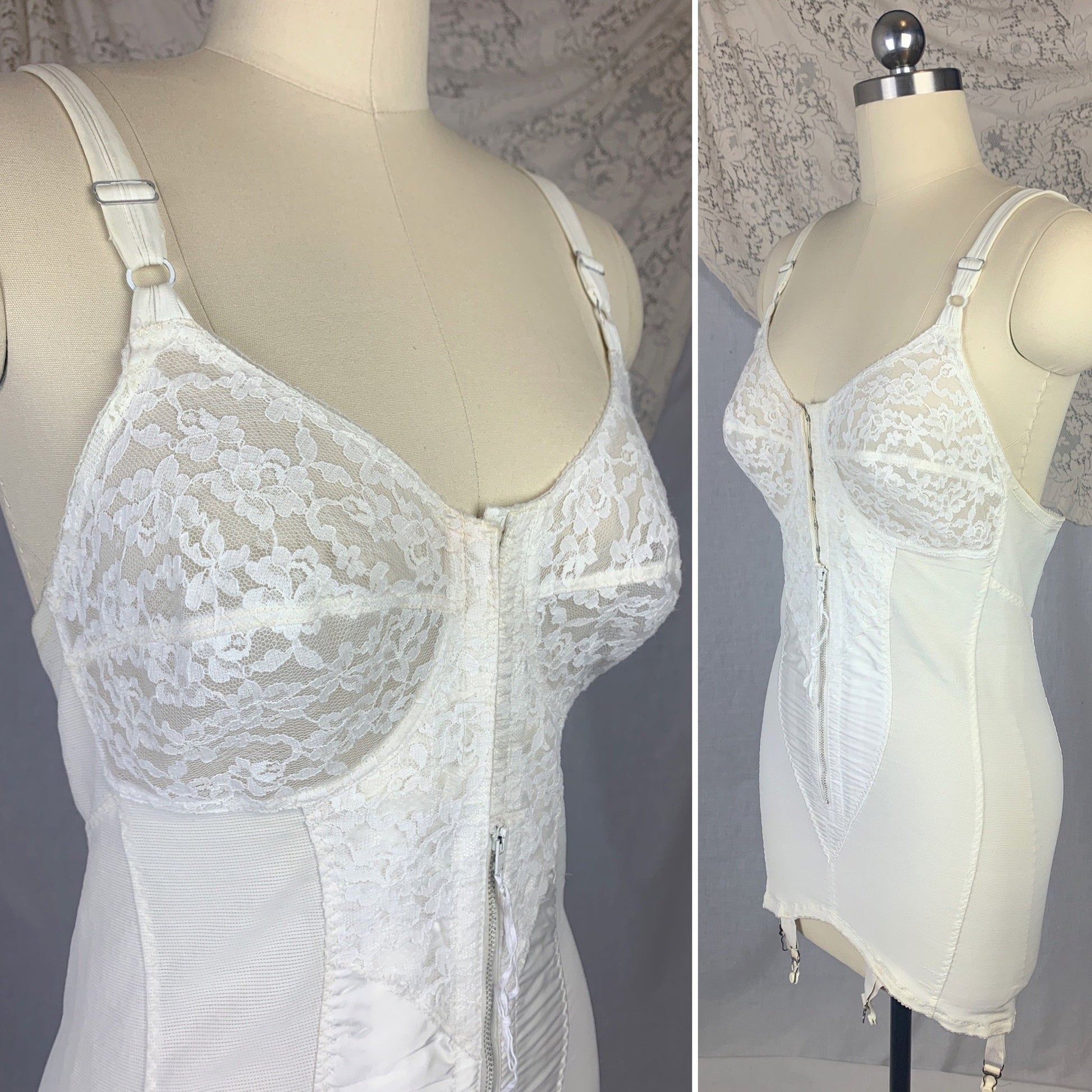 Vintage 1960's All in One Girdle | White Nylon Satin & Lace with Spandex Panels | Size 38 B, LG XL | Smoothie Controleur - Daggers & Dames