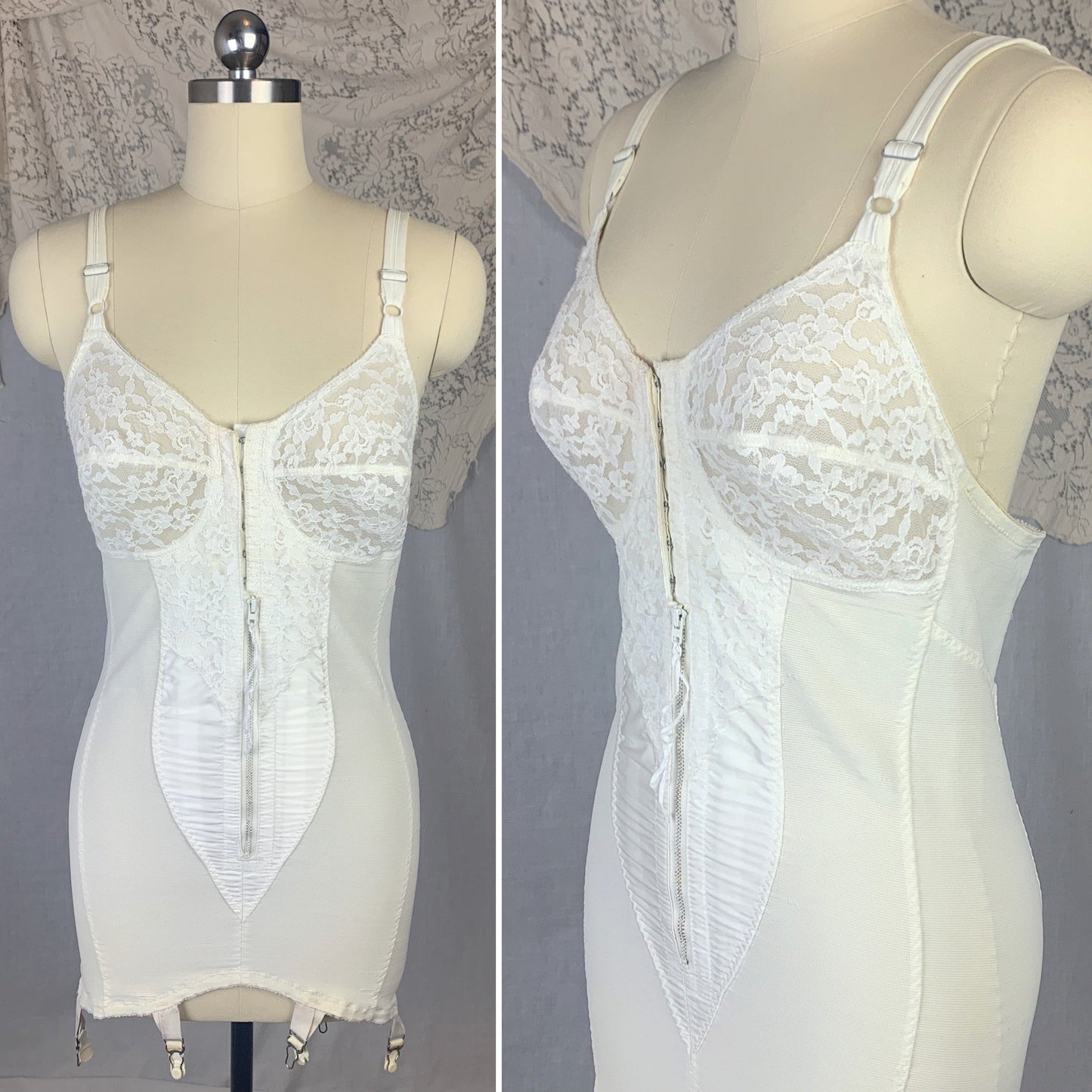 Vintage 1960's All in One Girdle | White Nylon Satin & Lace with Spandex Panels | Size 38 B, LG XL | Smoothie Controleur - Daggers & Dames