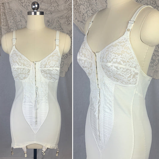 Vintage 1960's All in One Girdle | White Nylon Satin & Lace with Spandex Panels | Size 38 B, LG XL | Smoothie Controleur - Daggers & Dames