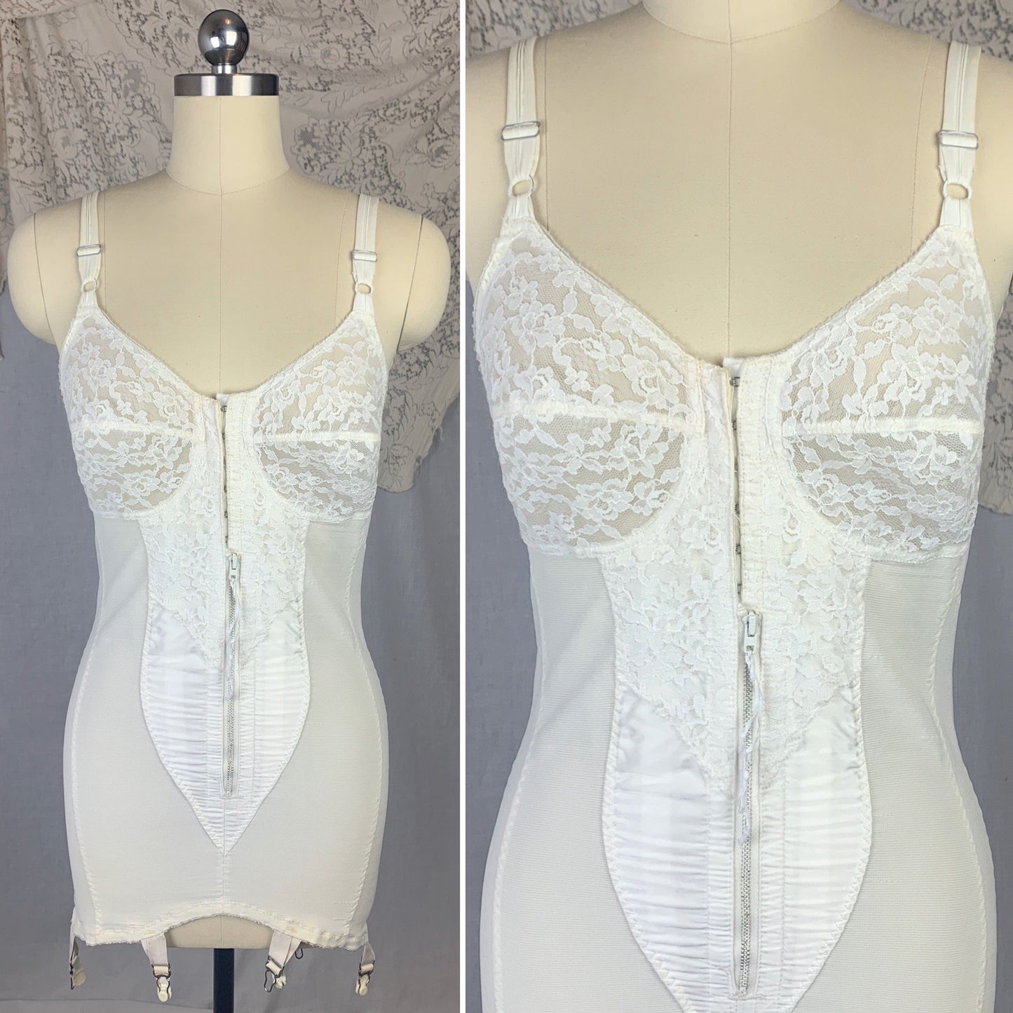 Vintage 1960's All in One Girdle | White Nylon Satin & Lace with Spandex Panels | Size 38 B, LG XL | Smoothie Controleur - Daggers & Dames