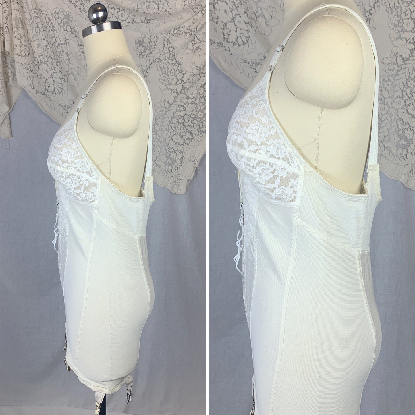 Vintage 1960's All in One Girdle | White Nylon Satin & Lace with Spandex Panels | Size 38 B, LG XL | Smoothie Controleur - Daggers & Dames