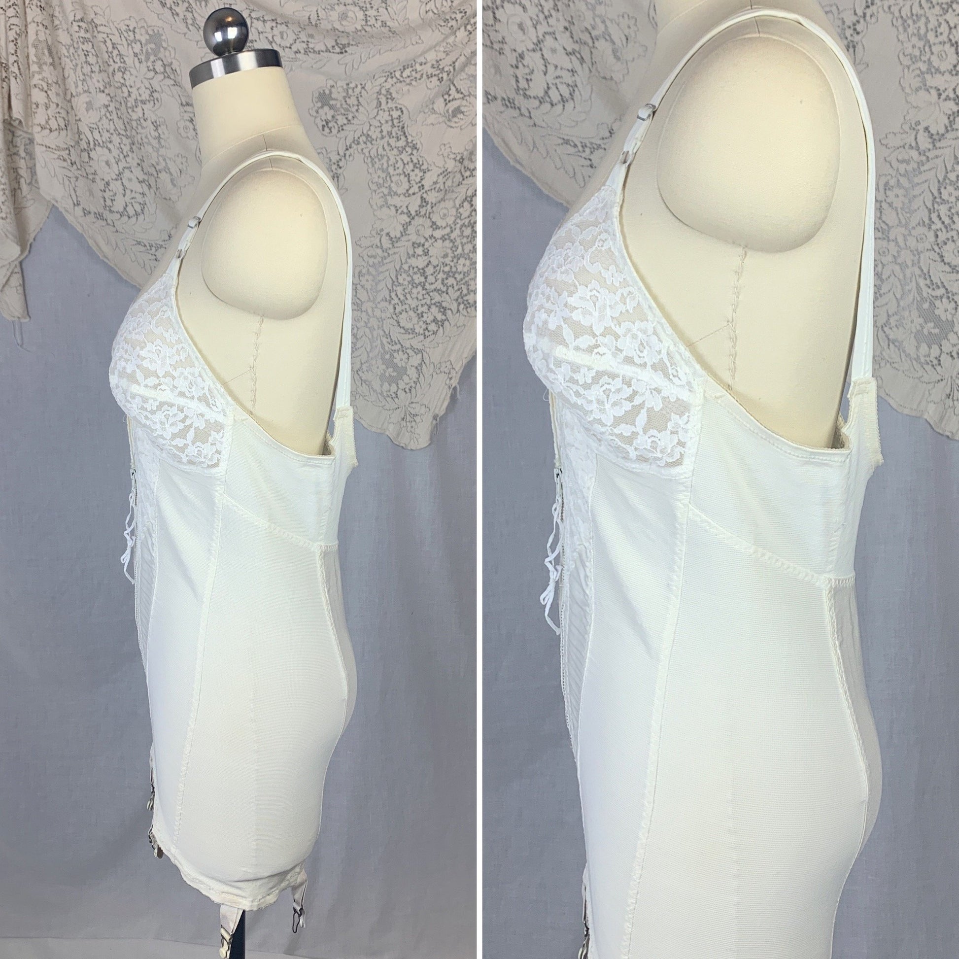 Vintage 1960's All in One Girdle | White Nylon Satin & Lace with Spandex Panels | Size 38 B, LG XL | Smoothie Controleur - Daggers & Dames