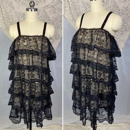 Vintage 1960's Babydoll Nightgown | Black Ruffled Lace Illusion over White Nylon | Size S, M, LG | Jeri Morton - Daggers & Dames