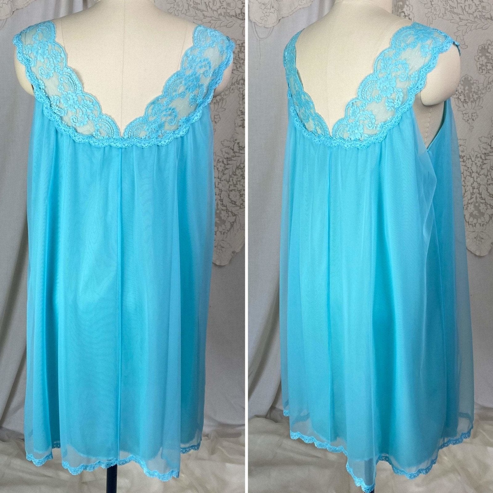 Vintage 1960's Babydoll Nightgown | Bold Cerulean Blue Nylon Chiffon with Lace | Size M, LG | Vanity Fair - Daggers & Dames