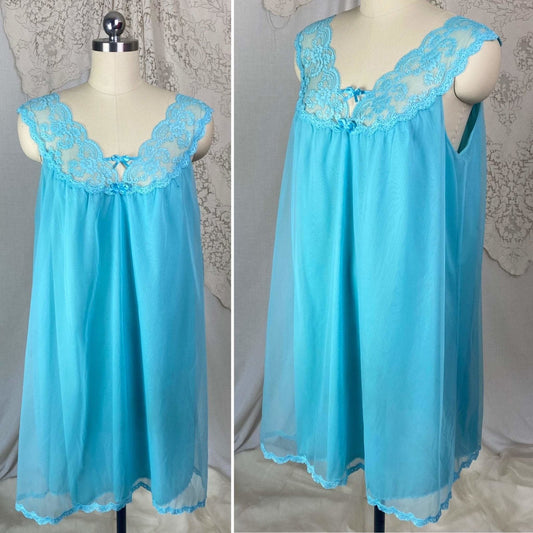 Vintage 1960's Babydoll Nightgown | Bold Cerulean Blue Nylon Chiffon with Lace | Size M, LG | Vanity Fair - Daggers & Dames