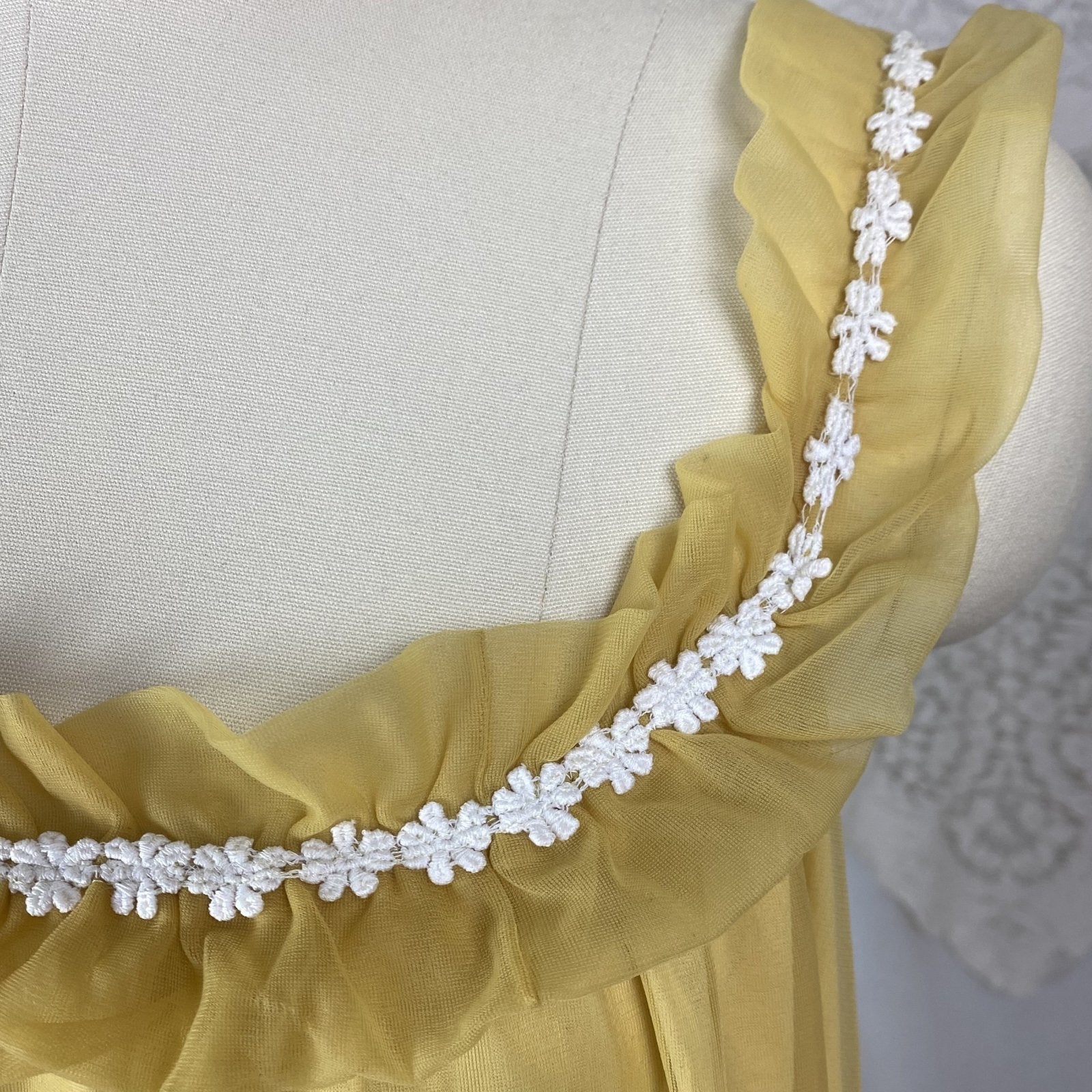 Vintage 1960's Babydoll Nightgown | Goldenrod Yellow Nylon with White Floral Cotton Lace & Ruffles | Size LG, XLG | Mistee - Daggers & Dames