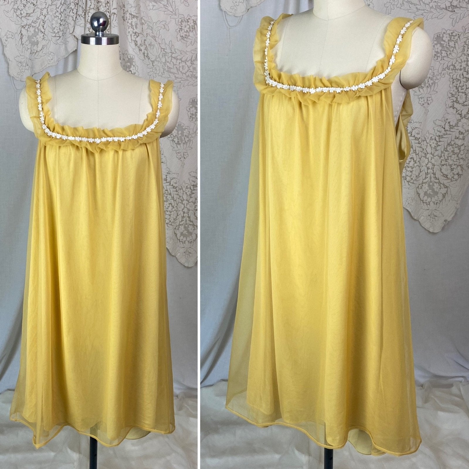 Vintage 1960's Babydoll Nightgown | Goldenrod Yellow Nylon with White Floral Cotton Lace & Ruffles | Size LG, XLG | Mistee - Daggers & Dames