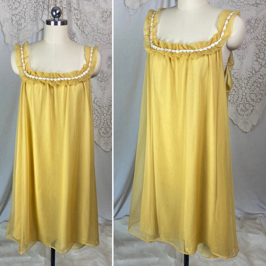 Vintage 1960's Babydoll Nightgown | Goldenrod Yellow Nylon with White Floral Cotton Lace & Ruffles | Size LG, XLG | Mistee - Daggers & Dames