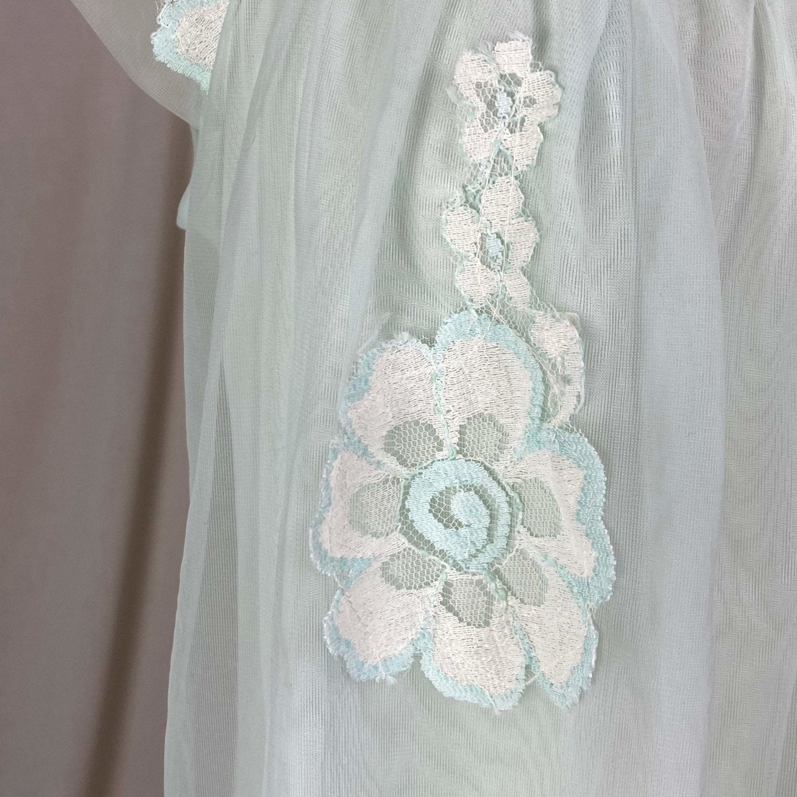 Vintage 1960's Babydoll Nightgown | Pale Aqua Nylon Chiffon with Floral Lace Appliqué | Size S - Daggers & Dames