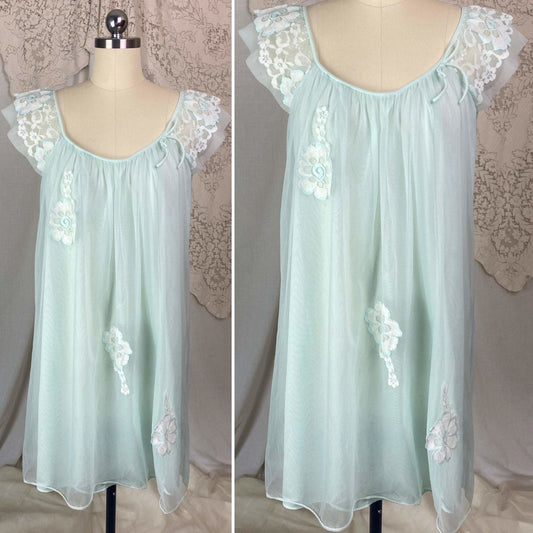 Vintage 1960's Babydoll Nightgown | Pale Aqua Nylon Chiffon with Floral Lace Appliqué | Size S - Daggers & Dames