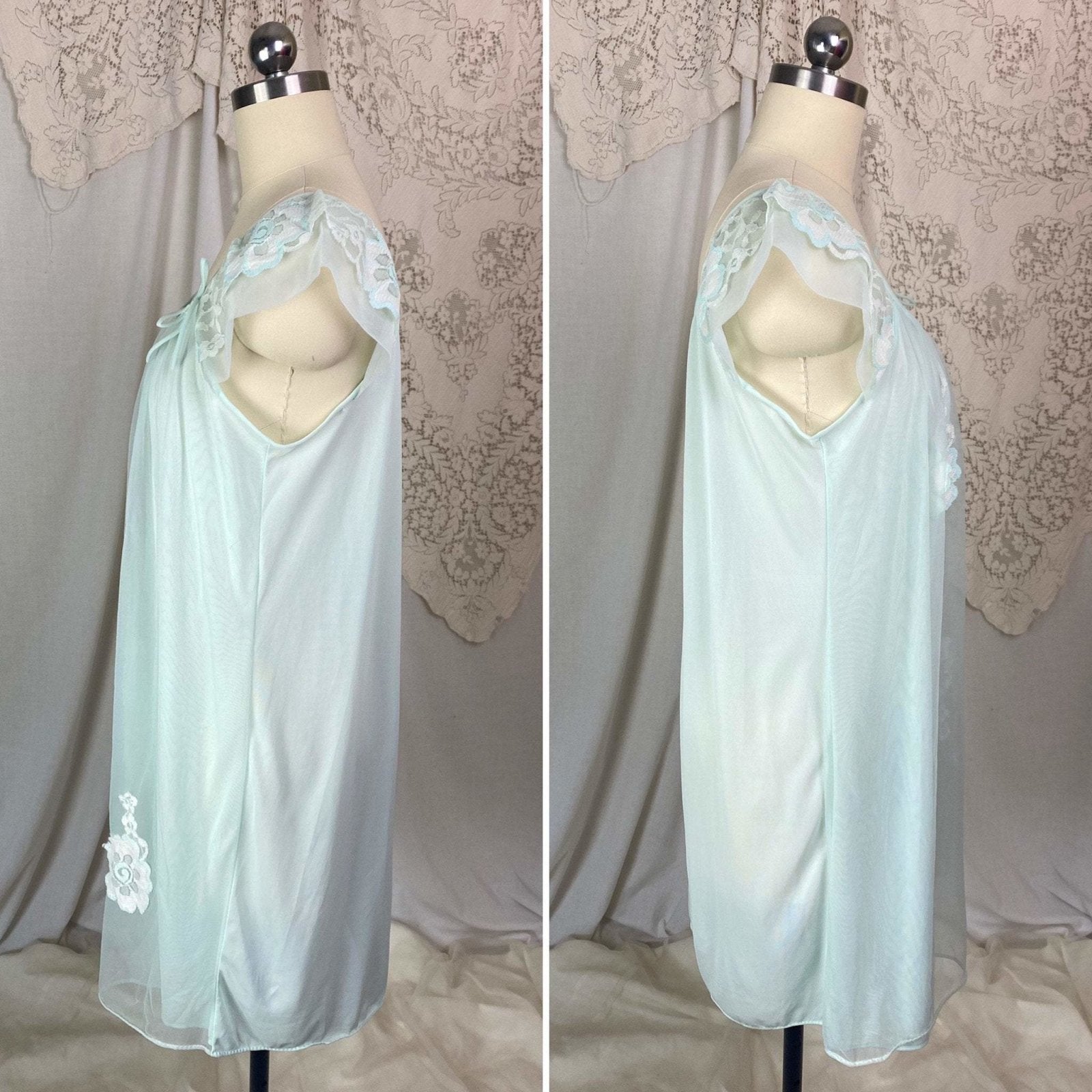 Vintage 1960's Babydoll Nightgown | Pale Aqua Nylon Chiffon with Floral Lace Appliqué | Size S - Daggers & Dames