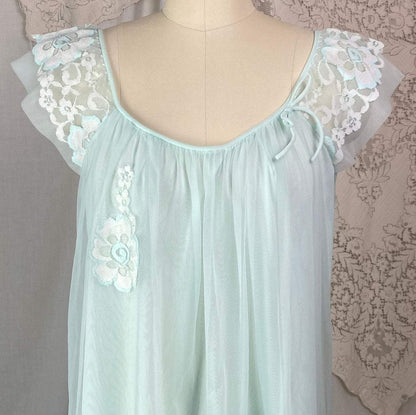 Vintage 1960's Babydoll Nightgown | Pale Aqua Nylon Chiffon with Floral Lace Appliqué | Size S - Daggers & Dames