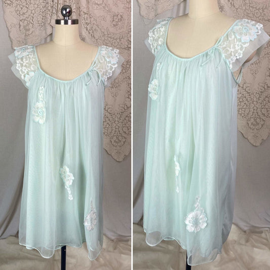 Vintage 1960's Babydoll Nightgown | Pale Aqua Nylon Chiffon with Floral Lace Appliqué | Size S - Daggers & Dames