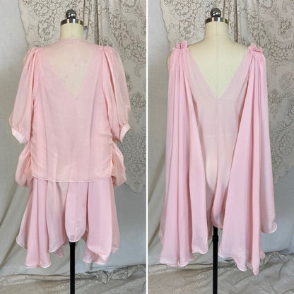 Vintage 1960's Babydoll Nightgown & Peignoir Set | Angelic Sheer Petal Pink Chiffon with Ruffled Hem | Size M - Daggers & Dames