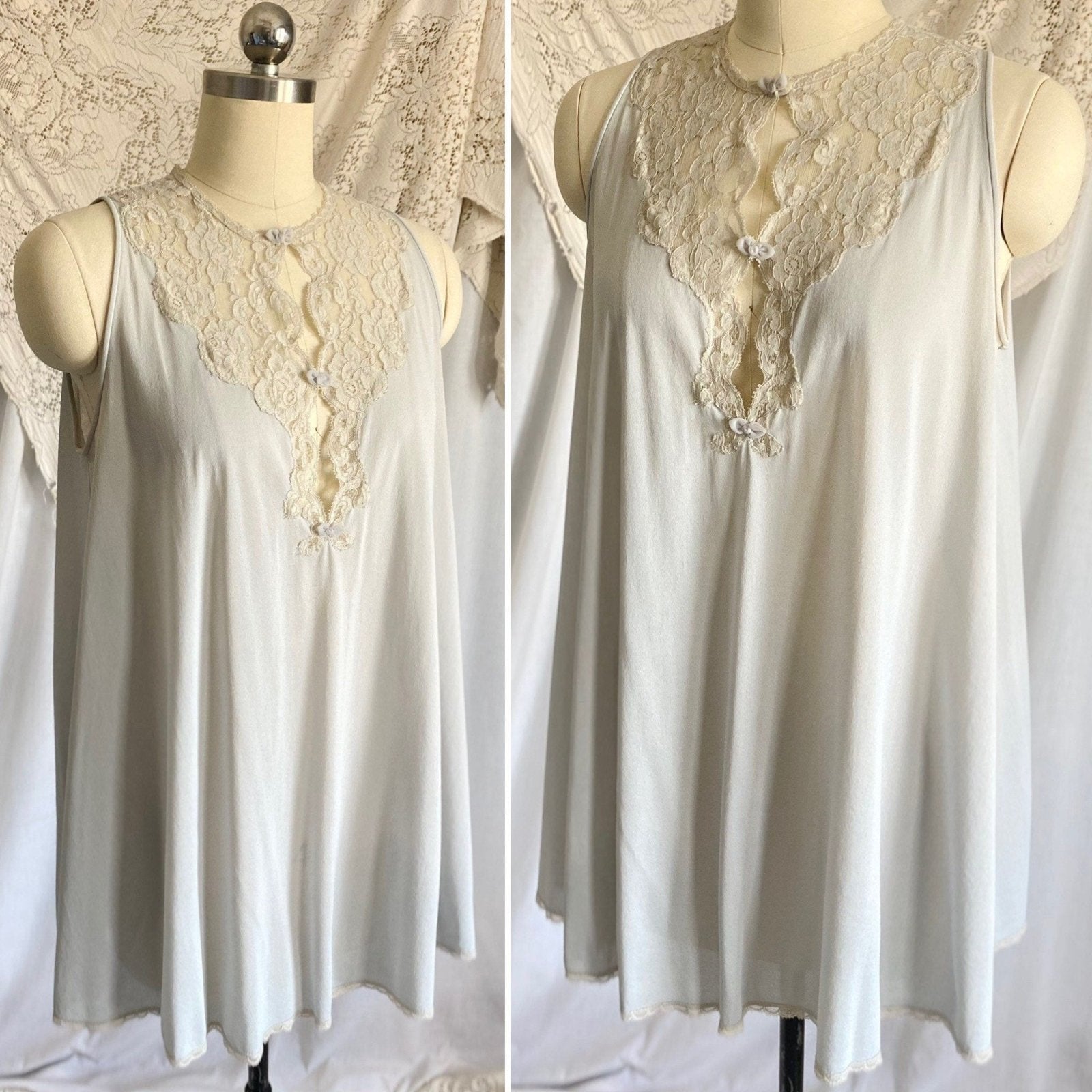 Vintage 1960's Babydoll Nightgown & Peignoir Set | Dove Gray Nylon with Ivory Floral Lace | Size S | Kayser - Daggers & Dames