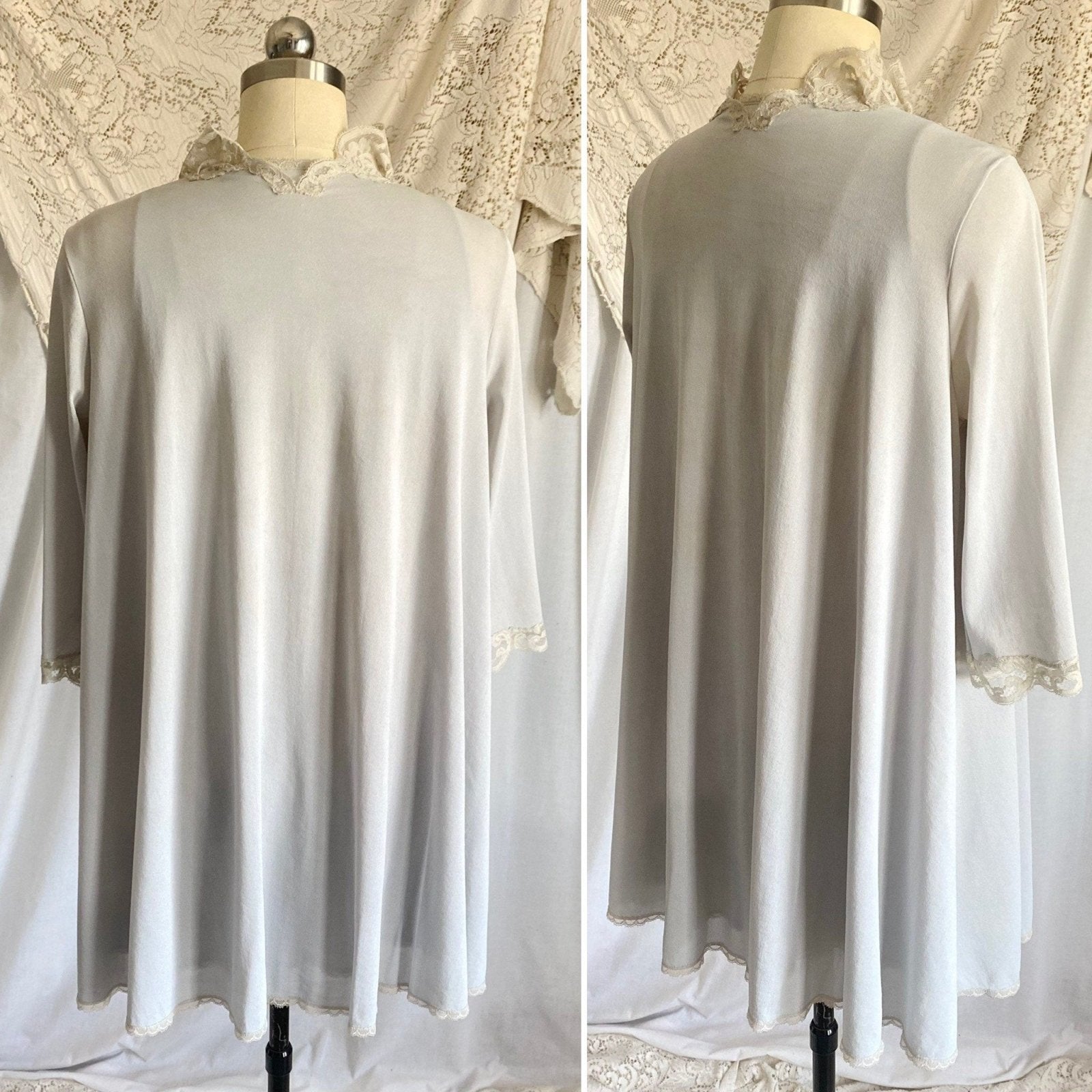 Vintage 1960's Babydoll Nightgown & Peignoir Set | Dove Gray Nylon with Ivory Floral Lace | Size S | Kayser - Daggers & Dames