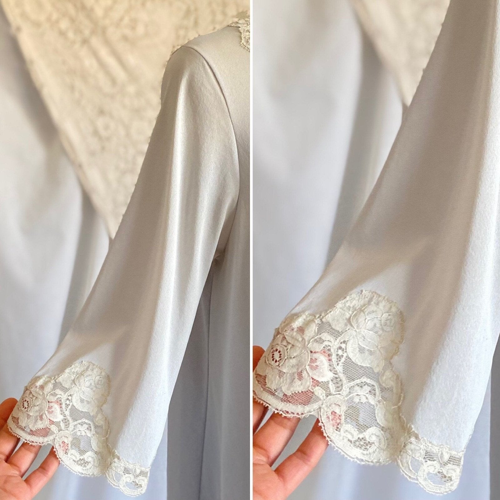 Vintage 1960's Babydoll Nightgown & Peignoir Set | Dove Gray Nylon with Ivory Floral Lace | Size S | Kayser - Daggers & Dames