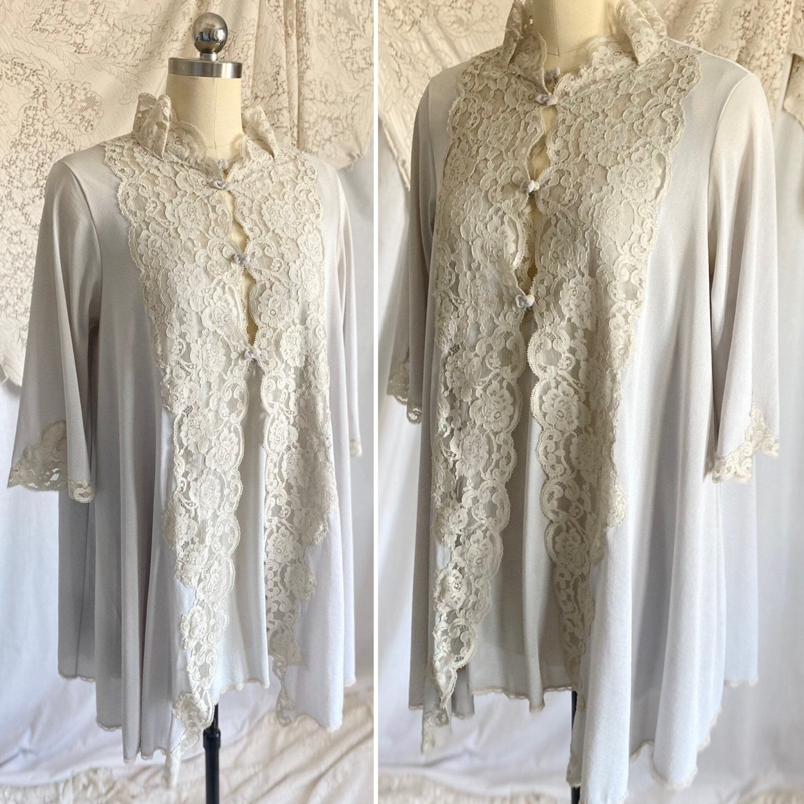 Vintage 1960's Babydoll Nightgown & Peignoir Set | Dove Gray Nylon with Ivory Floral Lace | Size S | Kayser - Daggers & Dames