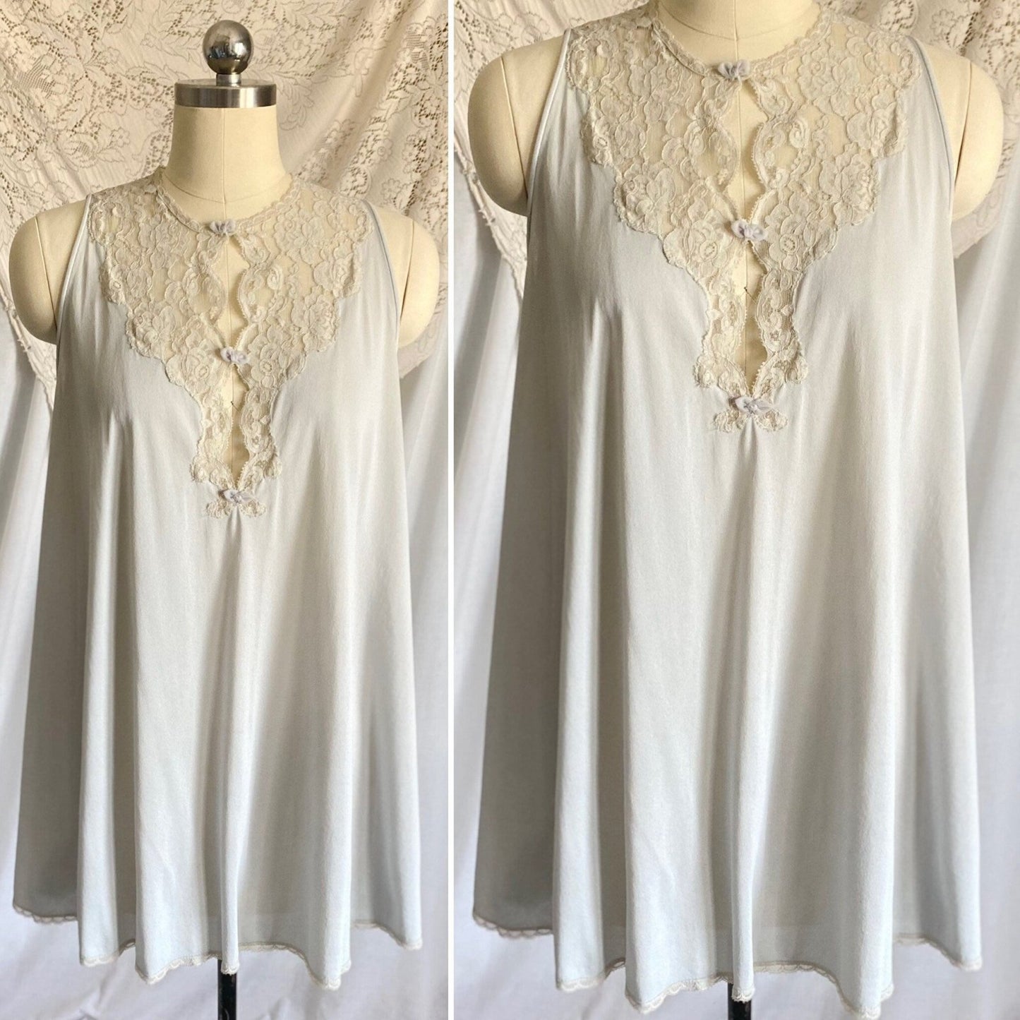 Vintage 1960's Babydoll Nightgown & Peignoir Set | Dove Gray Nylon with Ivory Floral Lace | Size S | Kayser - Daggers & Dames