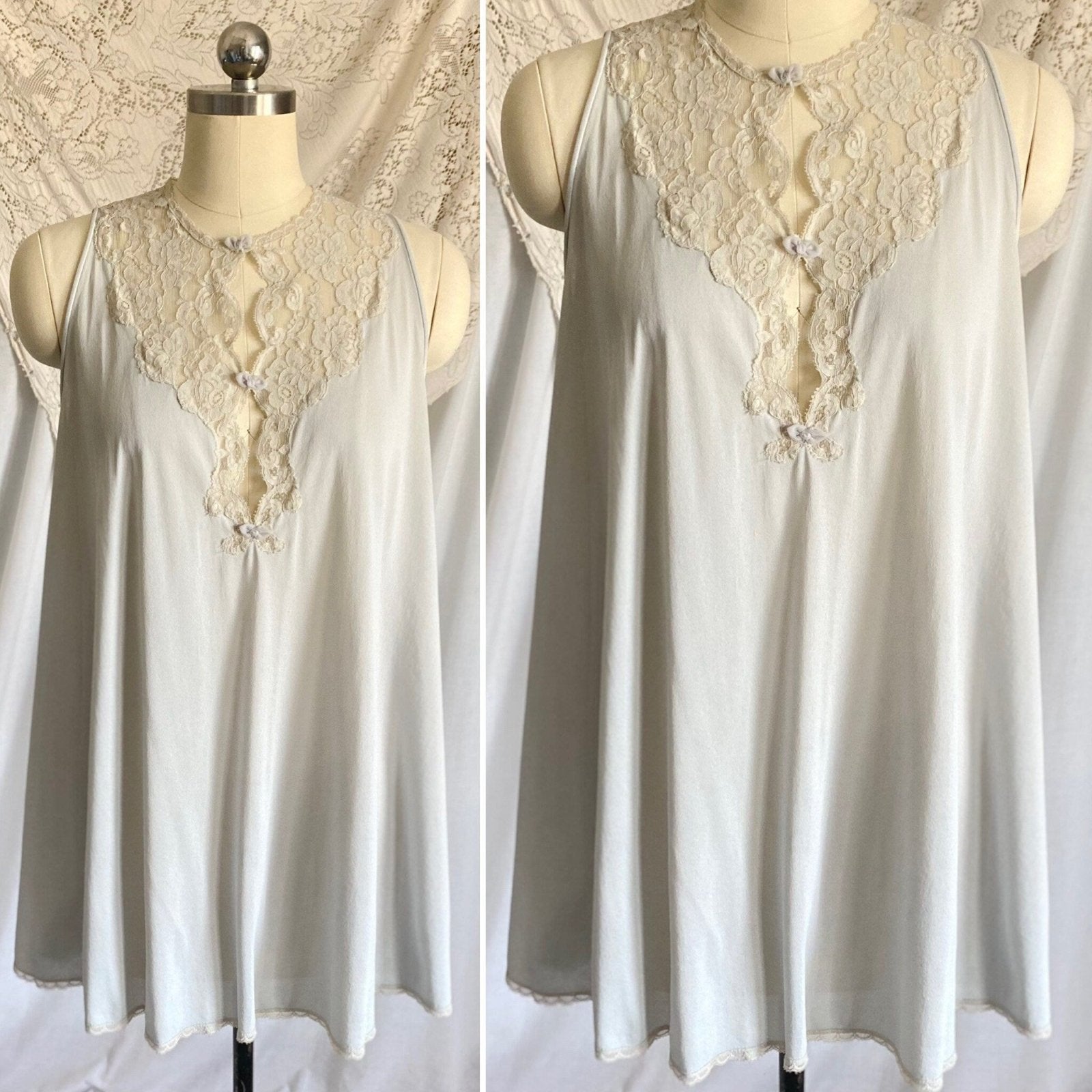 Vintage 1960's Babydoll Nightgown & Peignoir Set | Dove Gray Nylon with Ivory Floral Lace | Size S | Kayser - Daggers & Dames