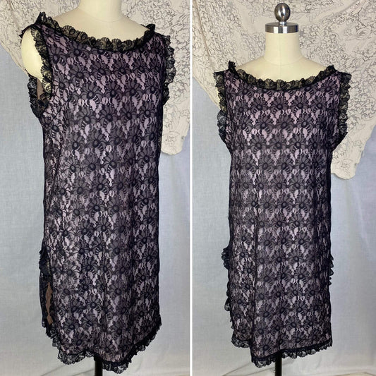 Vintage 1960's Babydoll Nightgown | Sheer Black Floral Lace Illusion over Pink Nylon with Ruffles | Size M, LG - Daggers & Dames