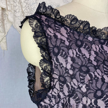Vintage 1960's Babydoll Nightgown | Sheer Black Floral Lace Illusion over Pink Nylon with Ruffles | Size M, LG - Daggers & Dames