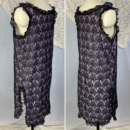 Vintage 1960's Babydoll Nightgown | Sheer Black Floral Lace Illusion over Pink Nylon with Ruffles | Size M, LG - Daggers & Dames