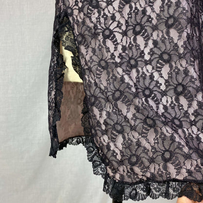 Vintage 1960's Babydoll Nightgown | Sheer Black Floral Lace Illusion over Pink Nylon with Ruffles | Size M, LG - Daggers & Dames