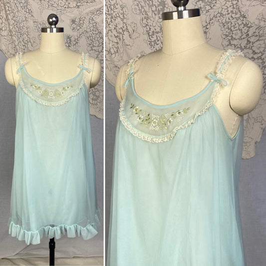 Vintage 1960's Babydoll Nightgown | Sky Blue Nylon Chiffon with Floral Embroidery & Ruffled Hem | Size XS, S | Kayser - Daggers & Dames