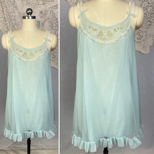 Vintage 1960's Babydoll Nightgown | Sky Blue Nylon Chiffon with Floral Embroidery & Ruffled Hem | Size XS, S | Kayser - Daggers & Dames