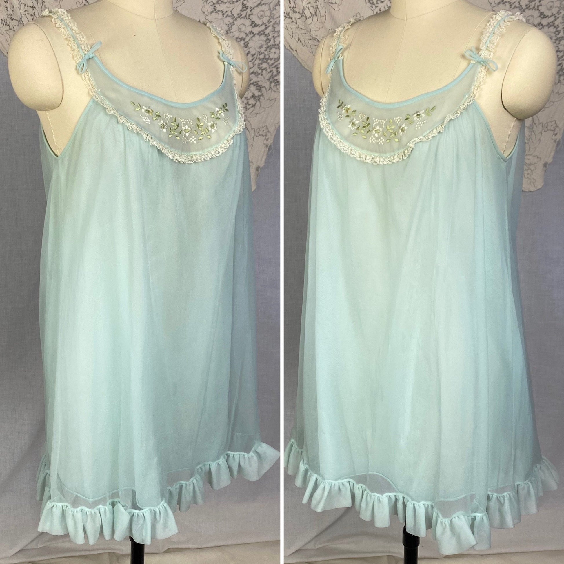 Vintage 1960's Babydoll Nightgown | Sky Blue Nylon Chiffon with Floral Embroidery & Ruffled Hem | Size XS, S | Kayser - Daggers & Dames